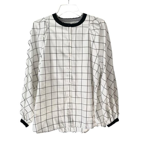 Weekend Max Mara Window Pain Check White Black Blouse Beaded Collar size large - Picture 1 of 9